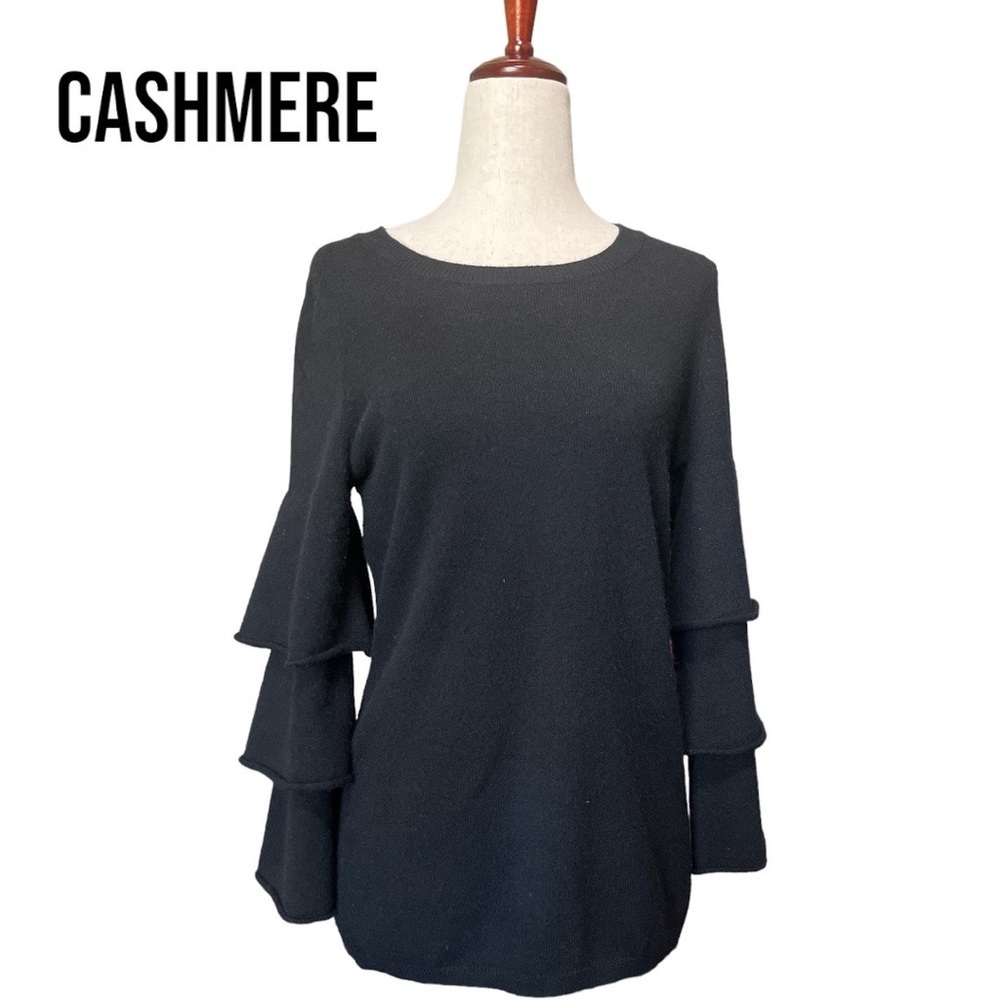 Project Cashmere Sweater Women XS Black Ruffle Tiered Sleeve Luxe Quiet‎ Luxury